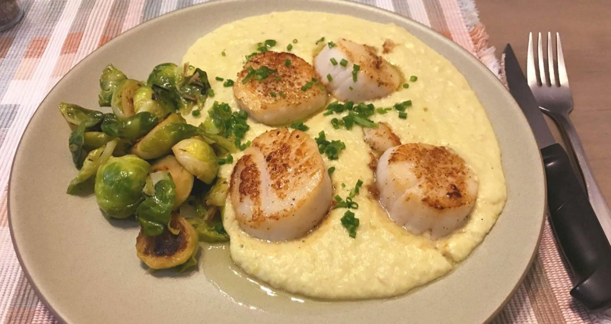 Home-cooked scallops and brussel sprouts