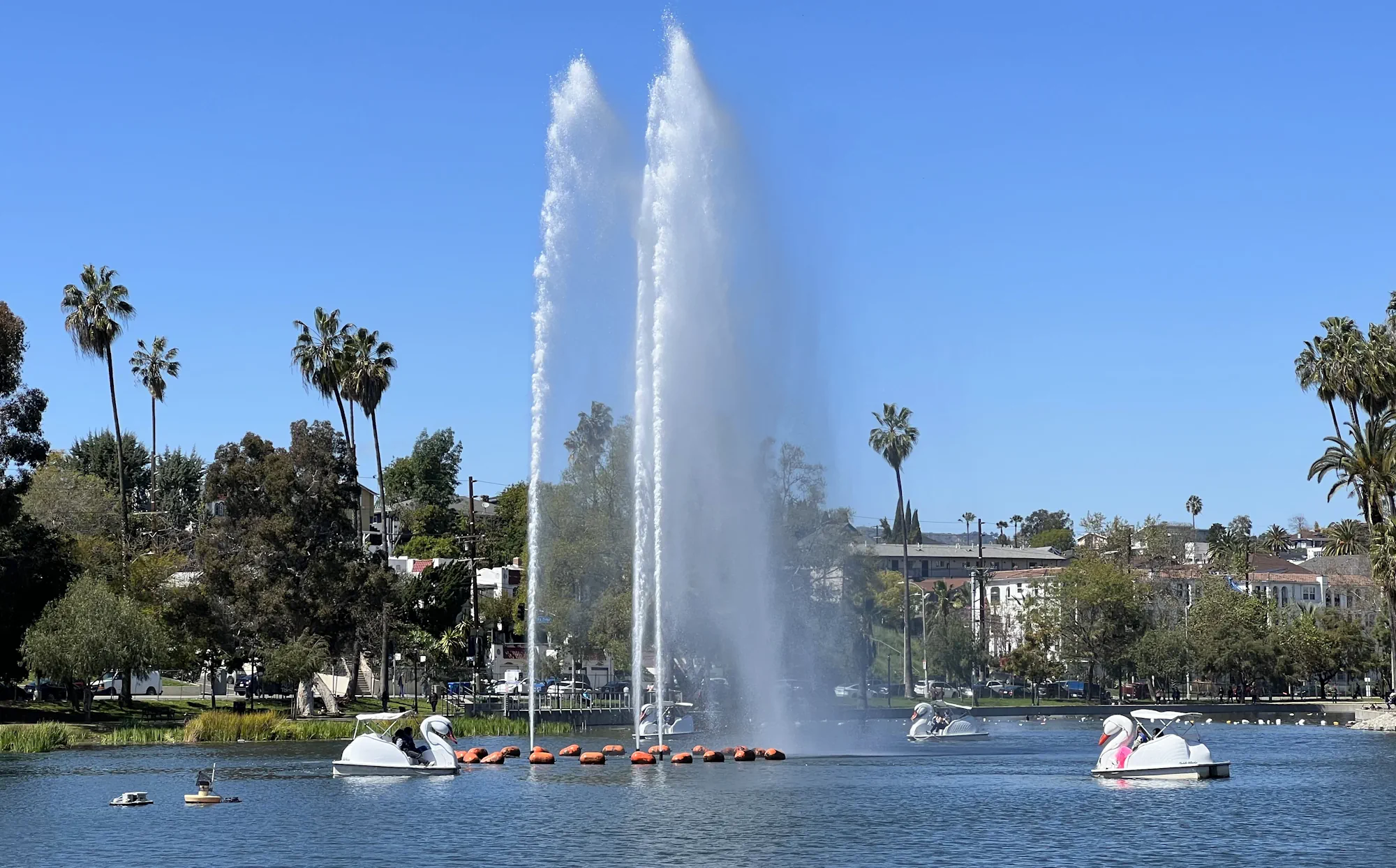 Swan boats and fountains at Echo Park Lake